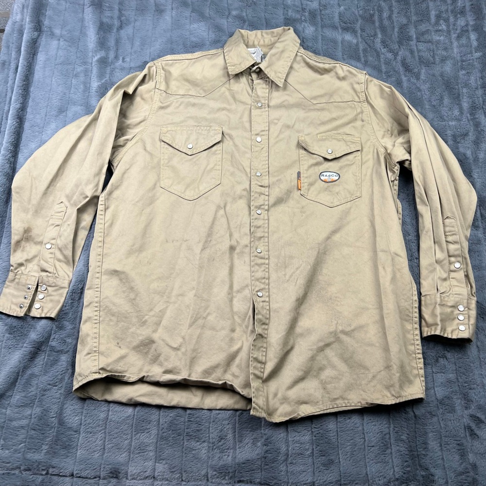 Rasco FR Flame Resistant Khaki Work Shirt Mens XL CAT 2 NFPA 2112 FR1003KH Snap